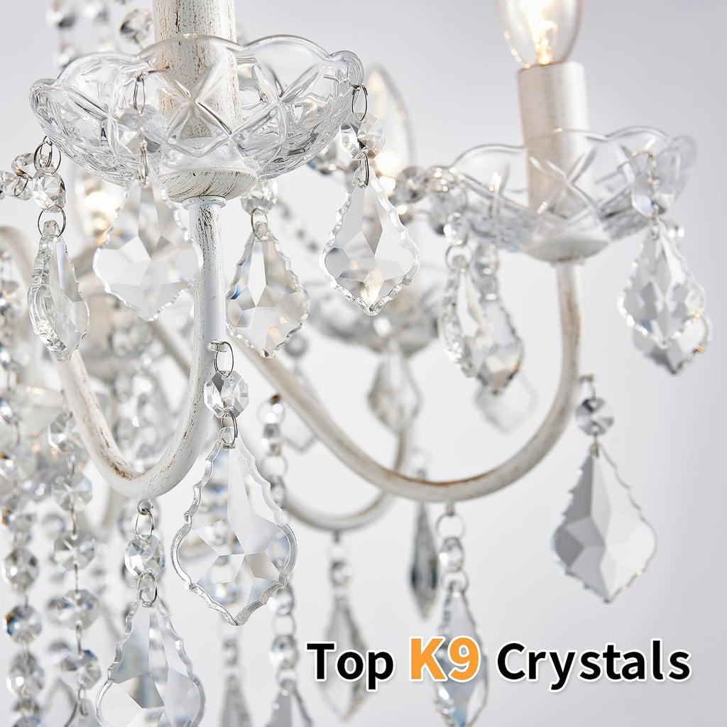 8-Light White Crystal Chandelier - Modern Candle Style Pendant Light, 26.4" W x 25.8" H