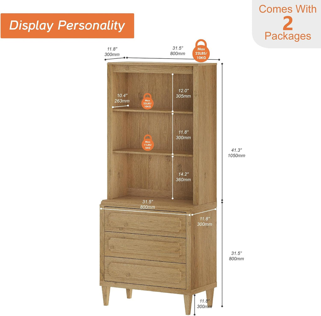 72.8" Tall Bookshelf with Drawers, 5 Tier Large Bookcase, Oak | Mid Century Modern Wood Book Shelf with Storage