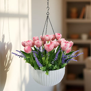 Artificial Flowers Hanging Basket, Pink Tulips