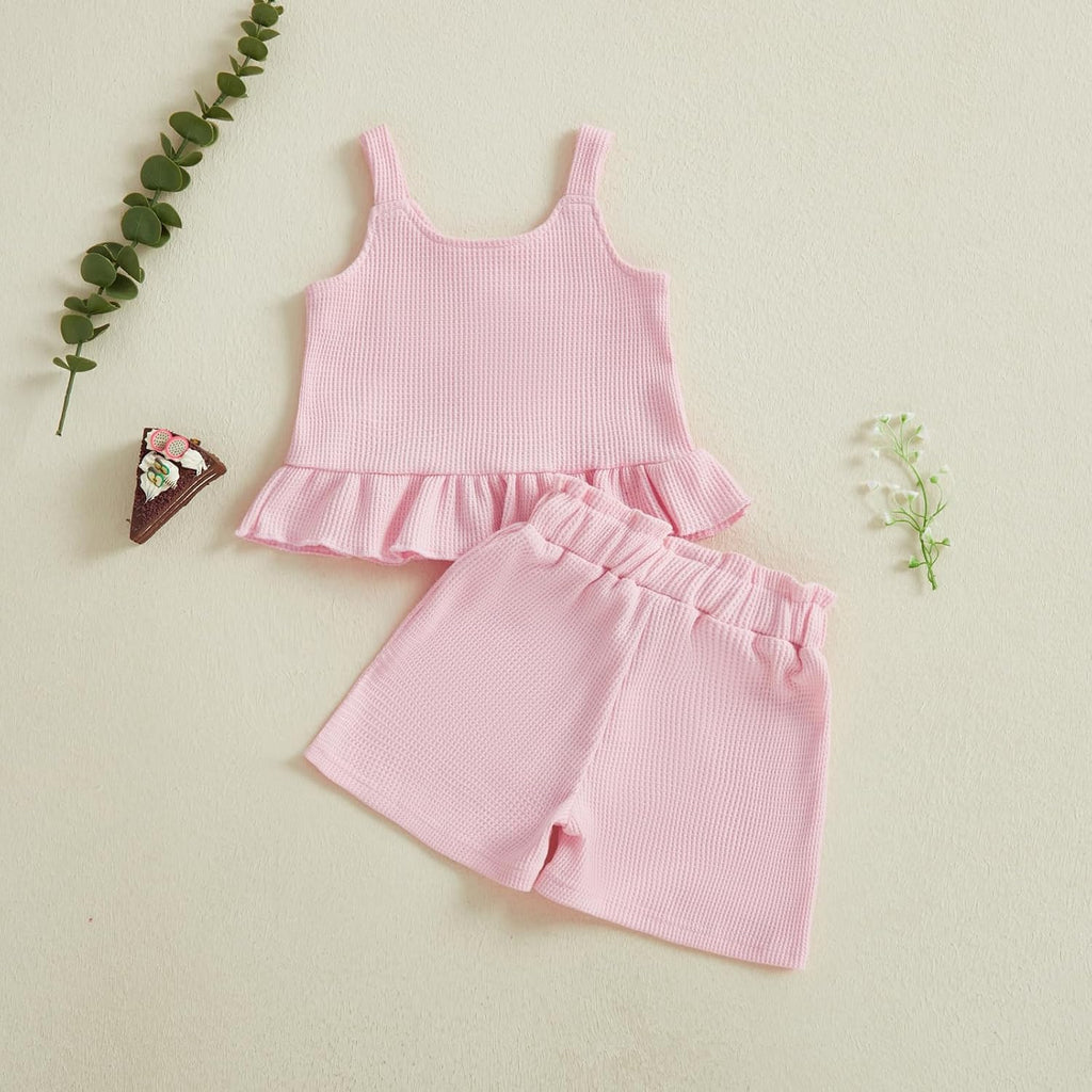 Toddler Baby Girl Summer Outfits Solid Color Waffle Sleeveless Ruffle Tank Tops Shorts Set Cute Infant Clothes
