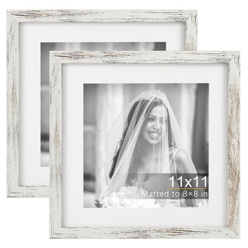11x11 Picture Frames with 8x8 Mat Set of 2, Distressed White