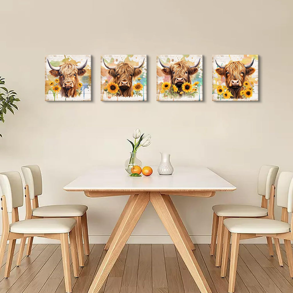 Farmhouse Highland Cow Canvas Wall Art Bathroom Decor Rustic Sunflower Pictures Dining Room Home Decorations