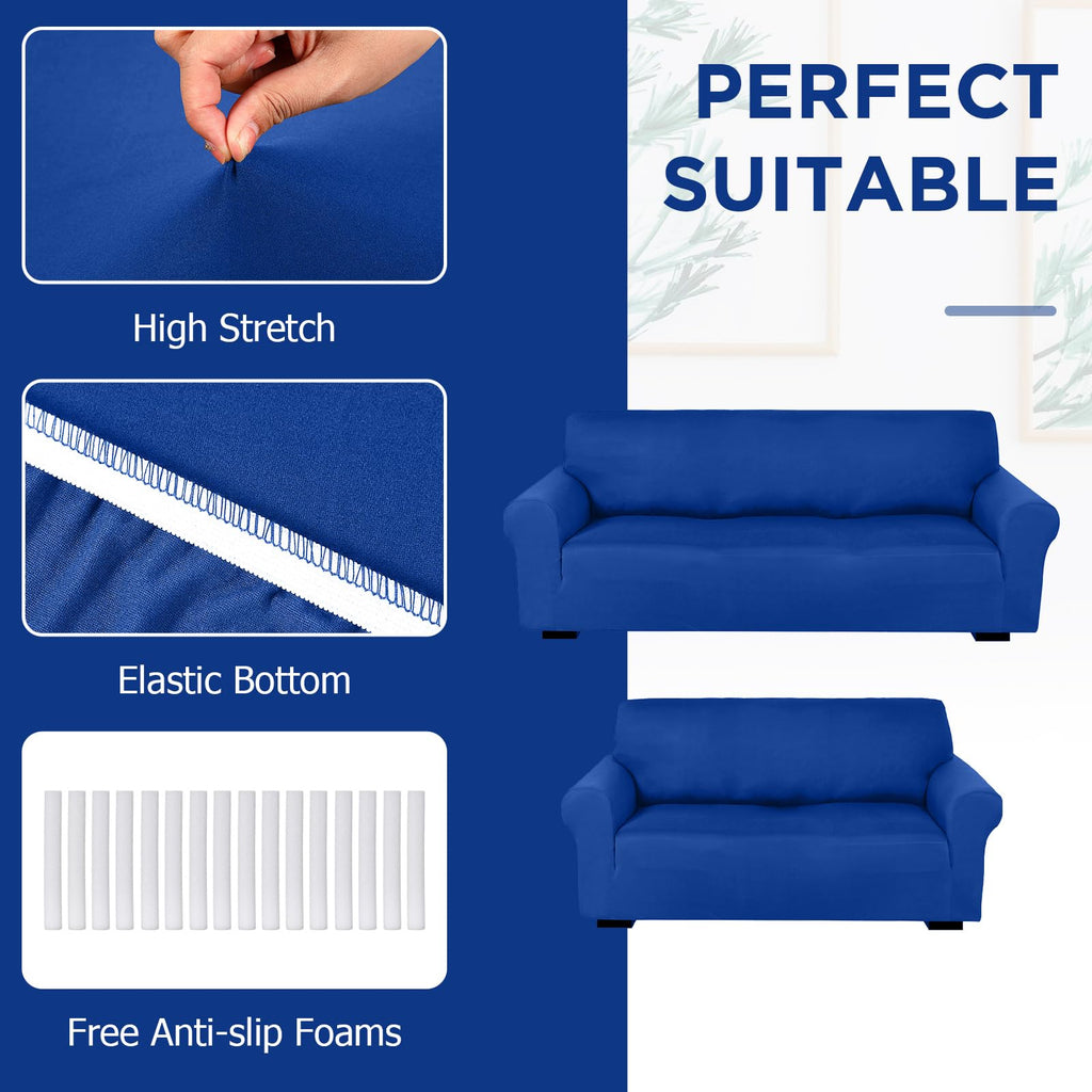 2 Pcs Couch and Loveseat Sofa Covers, Blue, Milk Silk