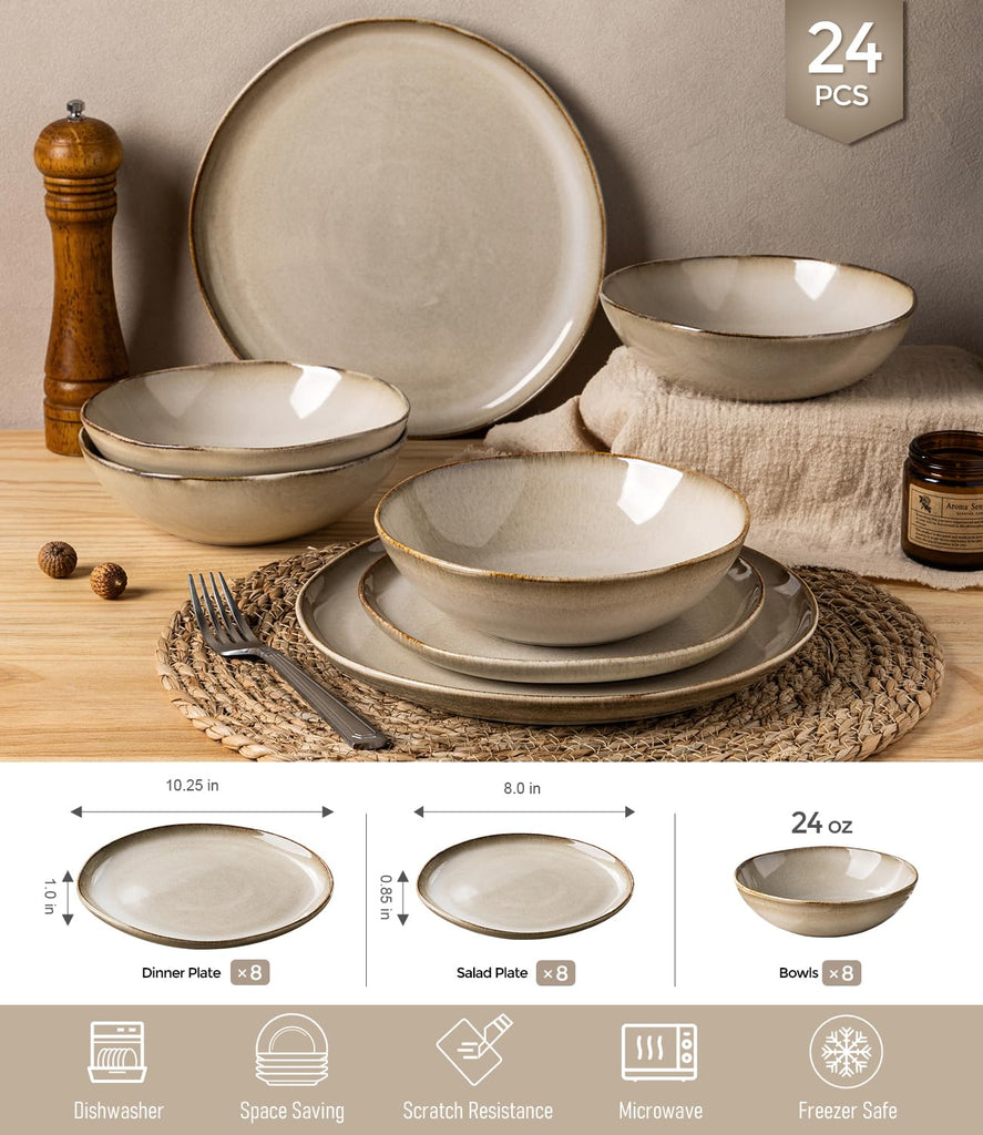 Stoneware Dinnerware Sets for 8,24 Piece Rustic Plates and Bowls Set