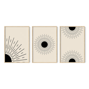 Boho Canvas Art - Set of 3 Minimalist Celestial Decor, Bedroom Wall Decor Above Bed, 3 Piece Art, Black and White