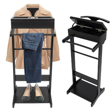 Wood Mens Valet Stand With Shoe Shelf, Coat Hanger and Hat Rack - Freestanding Suit Stand and Clothes Butler With