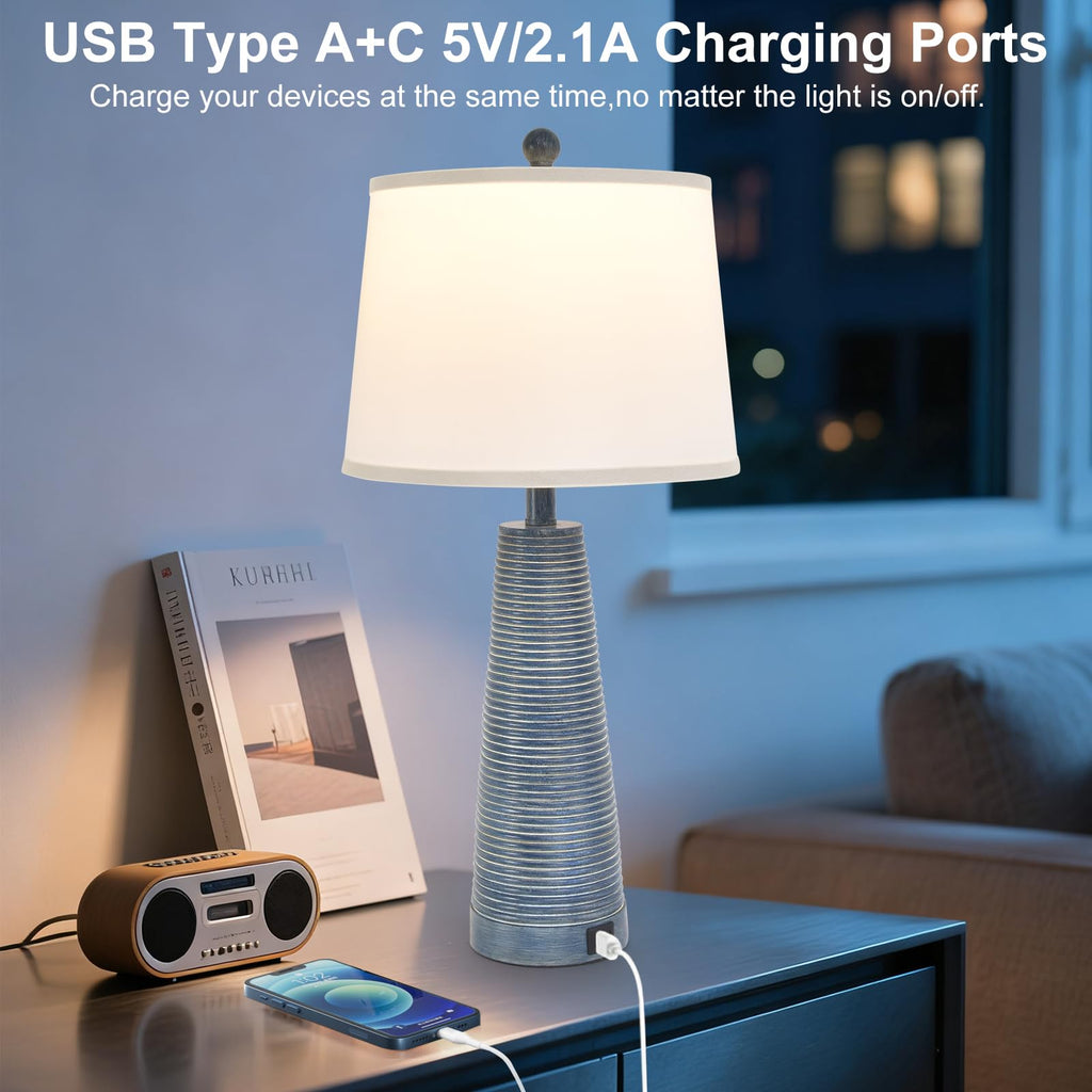 Nightstand Lamp Bedside Lamps Vintage Rustic Farmhouse Table Lamp 3 Way Dimmable Horizontal Stripe Light, Bedroom, USB