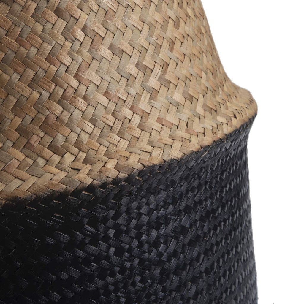 Seagrass Belly Basket with Handles Natural Woven Planter Baskets for Indoor Plants Storage Laundry (Black 8 inch D x