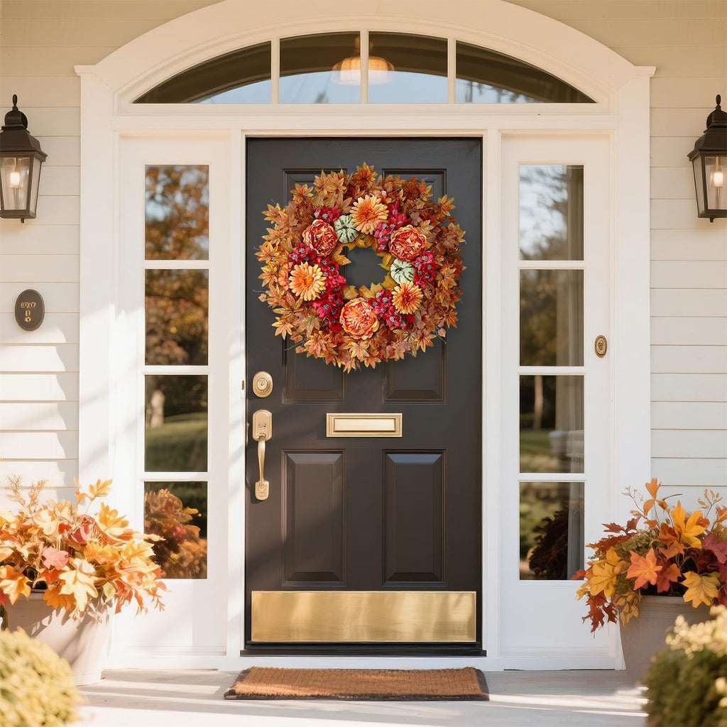 26" Artificial Fall Wreath, Silk Flowers Maple Leaf for Front Door (Orange)