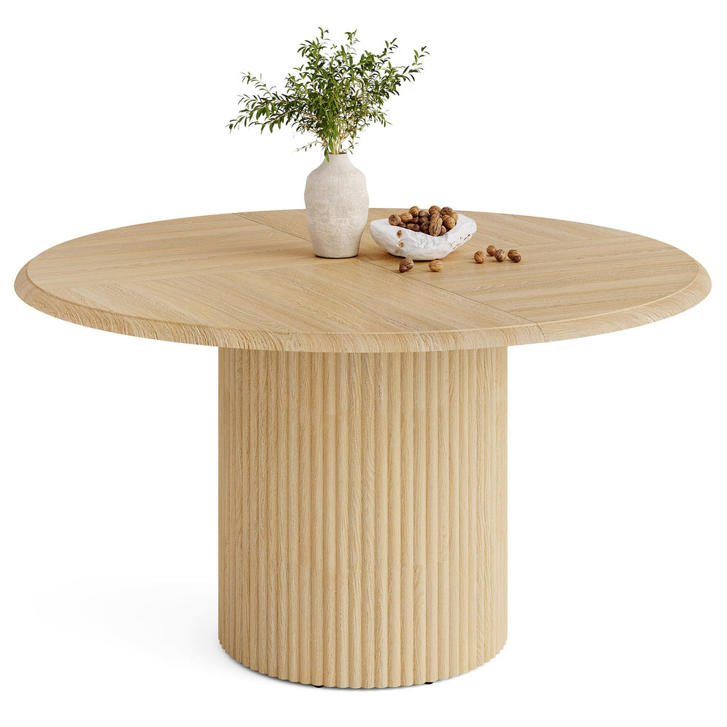47 Inches Round Dining Table for 4, Farmhouse Natural Wooden Dining Room Table with Heavy Duty Fluted Pedestal, Large