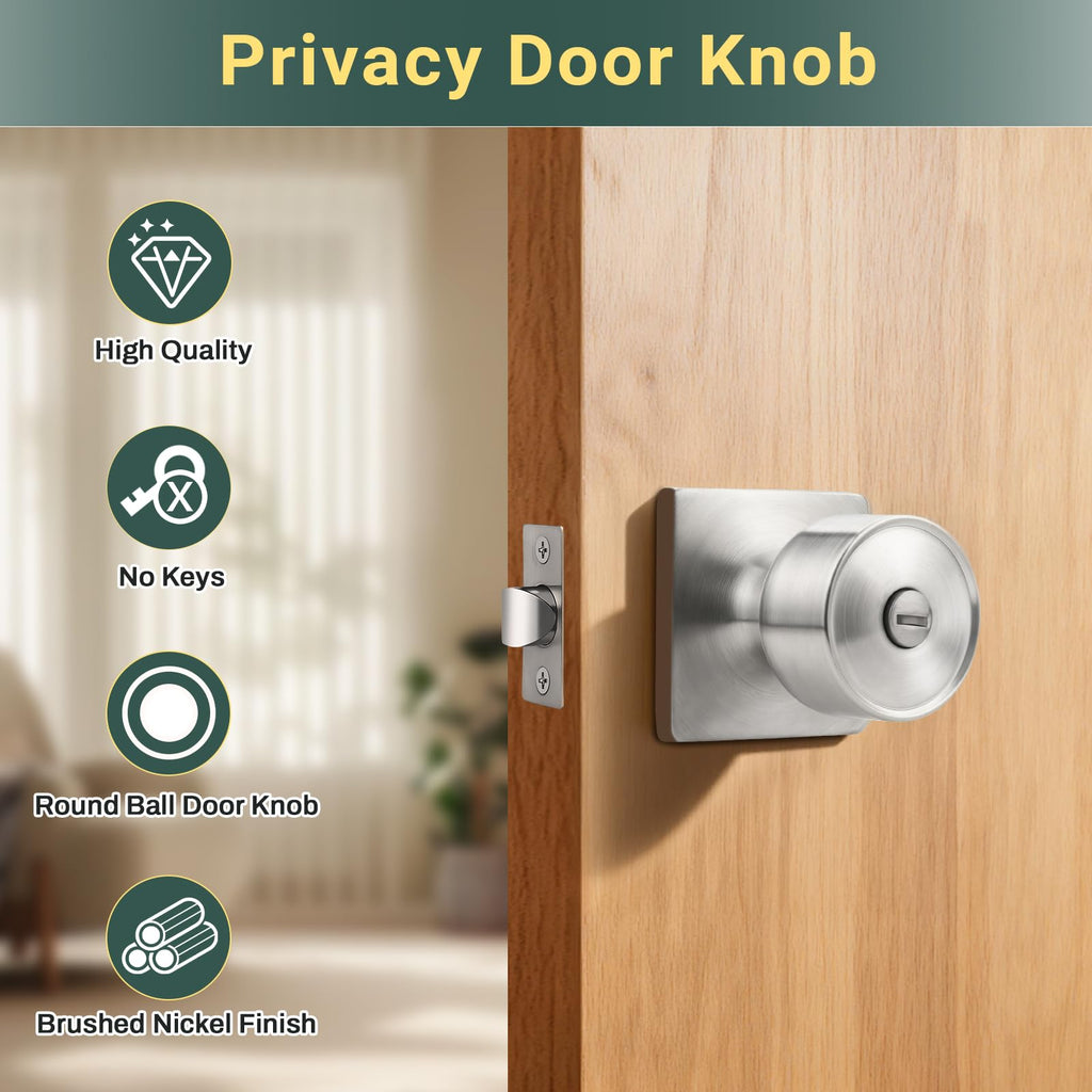 Tulip Privacy Door Knob with Square Backplate, Modern Cylindrical Square Rosette Keyless Lock , Quiet & Easy Install