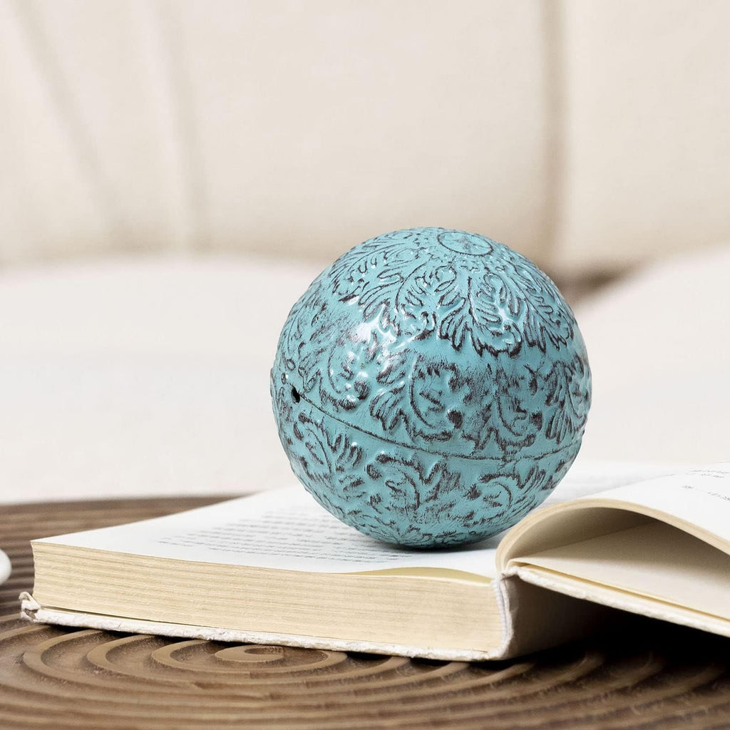 Decor for Table Iron Decorative Sphere Orbs Decorative Balls 3.35 Inches Blue Turquoise Flower Metal Hollow Damask