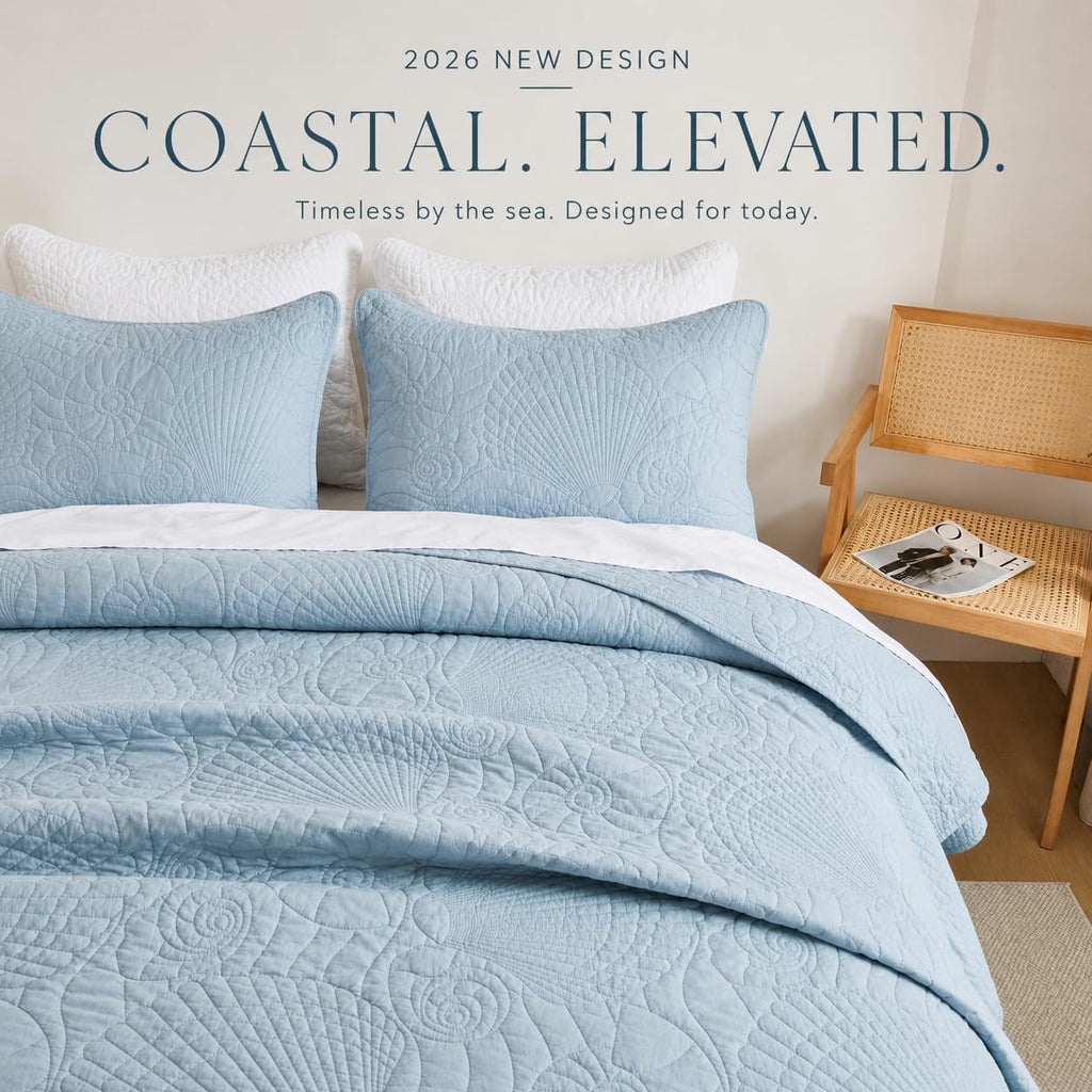 Coastal Quilt Set Cotton Dusty Blue Matelasse Coverlet Set with Seashell Stitching Heirloom Coastal Quilt