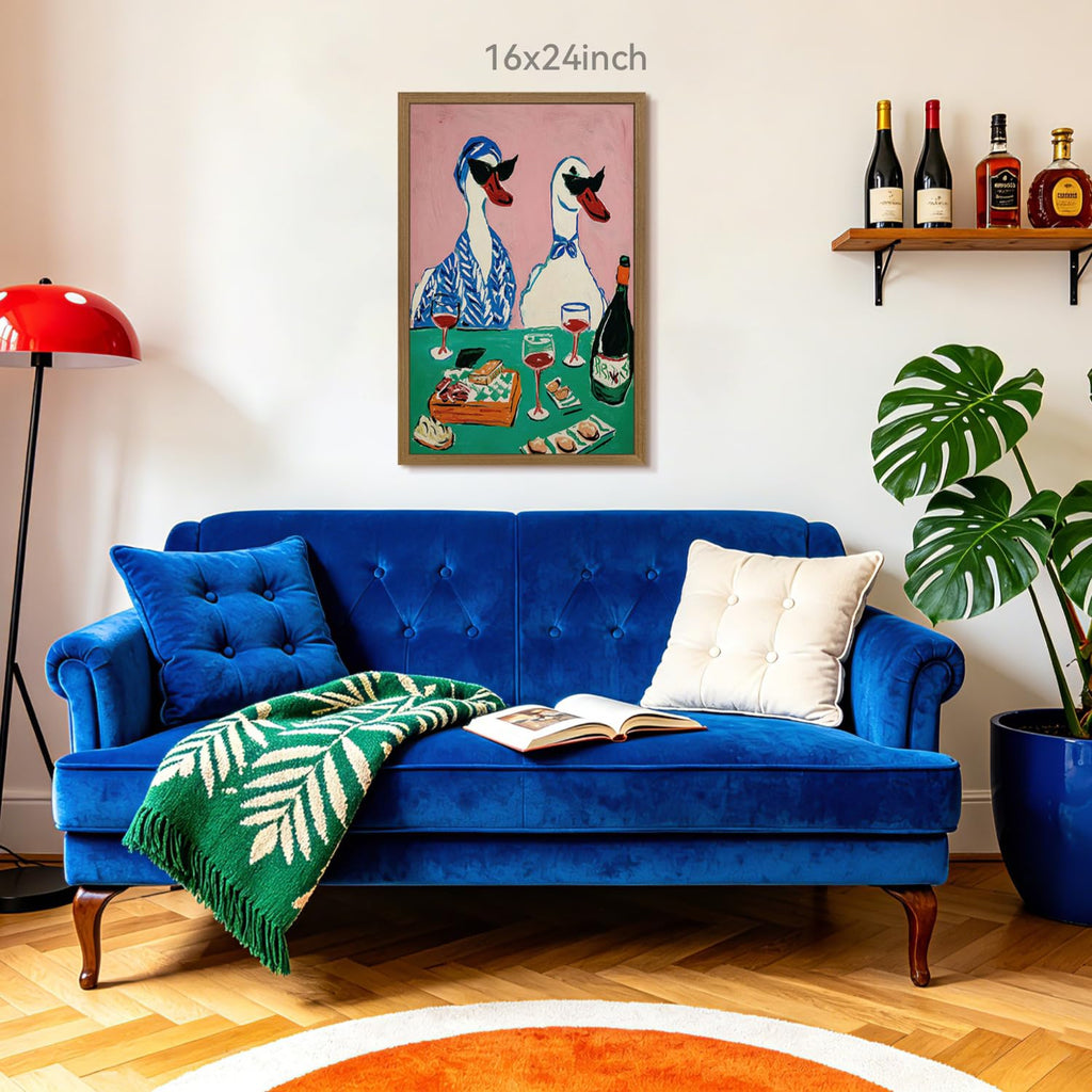 Funny Duck Wine Wall Art, Whimsical Animal Wall Decor, Cute Ducks Drinking Wine Poster Print, Colorful Modern Kitchen