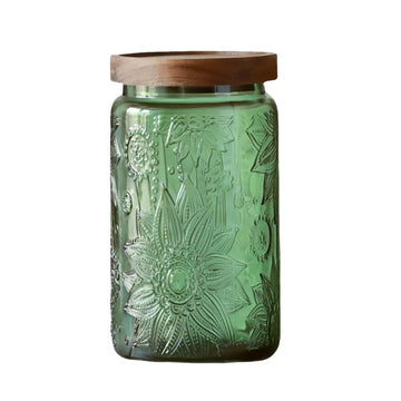 Vintage Sunflower Glass Canister, 34 oz Green Storage Jar with Wood Lid