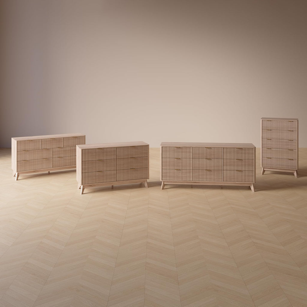 47" Wide Fluted 6 Drawers Dresser, Curved Edge, Oak