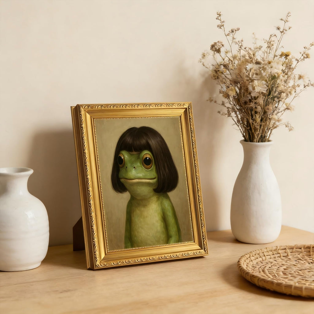 Gold Framed Whimsical Frog Wall Art Eclectic Frog Canvas Prints Vintage Animal Picture Wall Decor Painting Bedroom
