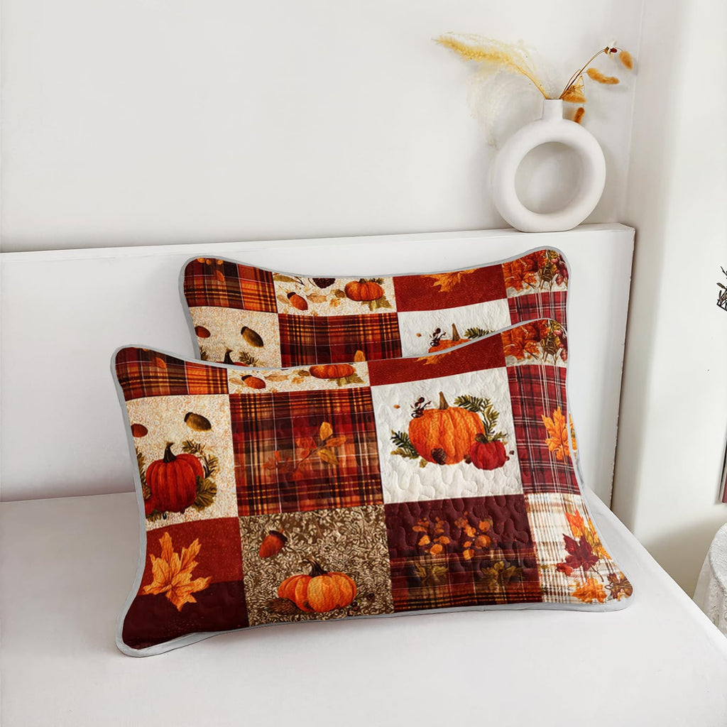 Pumpkin Maple Leaves Plaid Patchwork Quilt with 2 Pillowcases.