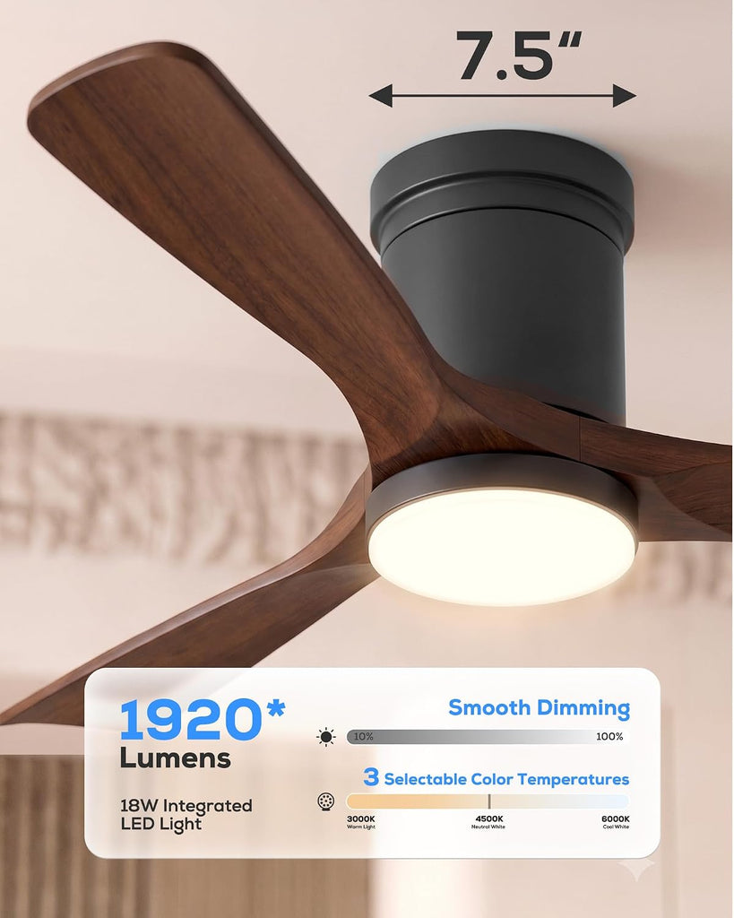 60 Inch Smart Flush Mount Ceiling Fan with Light, Low Profile Ceiling Fan with 3 Solid Wood Walnut Blades, Dimmable LED, Ultra Quiet DC Motor, Alexa & Remote Control, Indoor Outdoor, Walnut