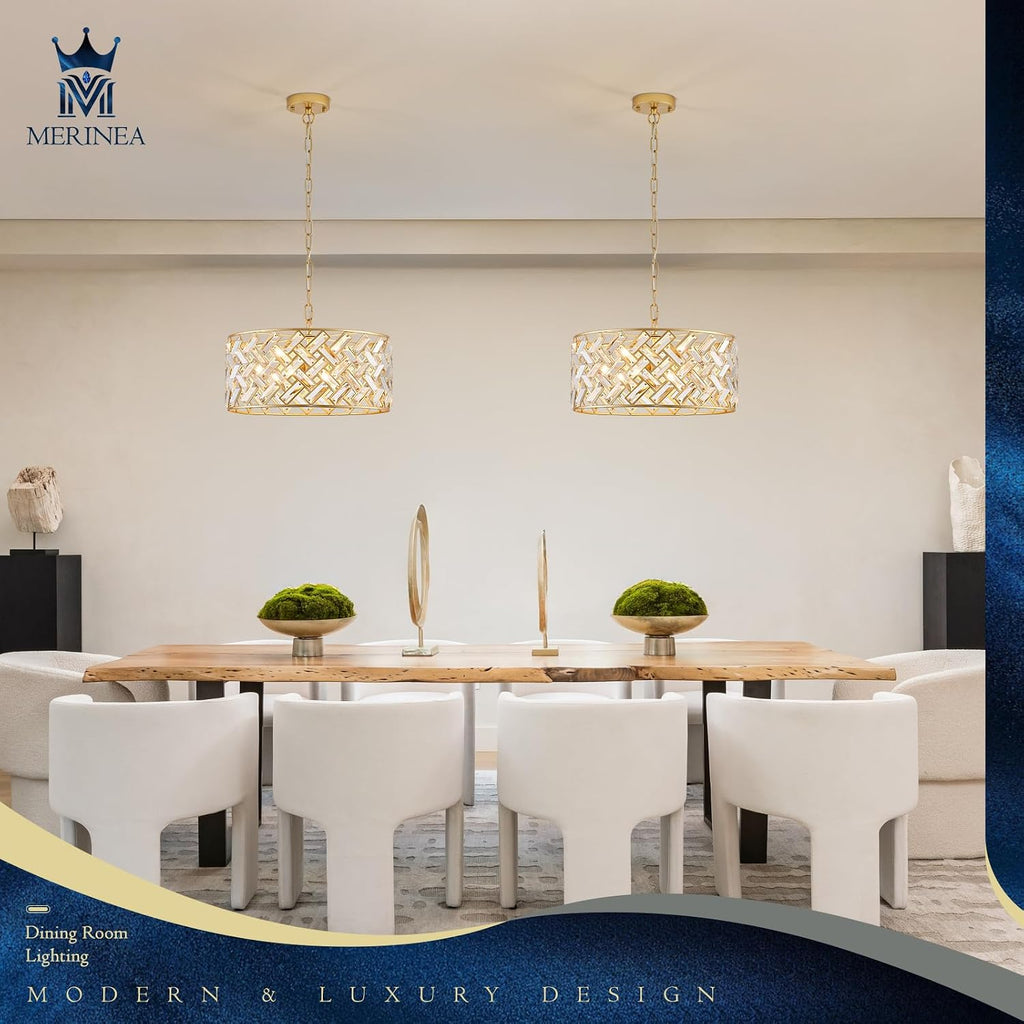Gold Crystal Chandelier, 18" Modern Drum Ceiling Light Fixture, Luxury 6-Light K9 Crystal Pendant Lighting