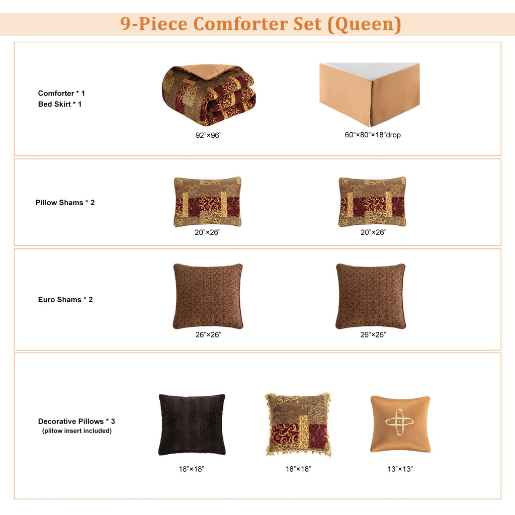 9-Piece Traditional Patchwork Comforter Set, Red Gold