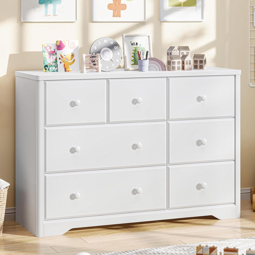 7 Drawers Dresser Cabinet, Kids & Nursery Storage Chest, Multi-Functional Wood Large Chest of Drawers, White Dresser