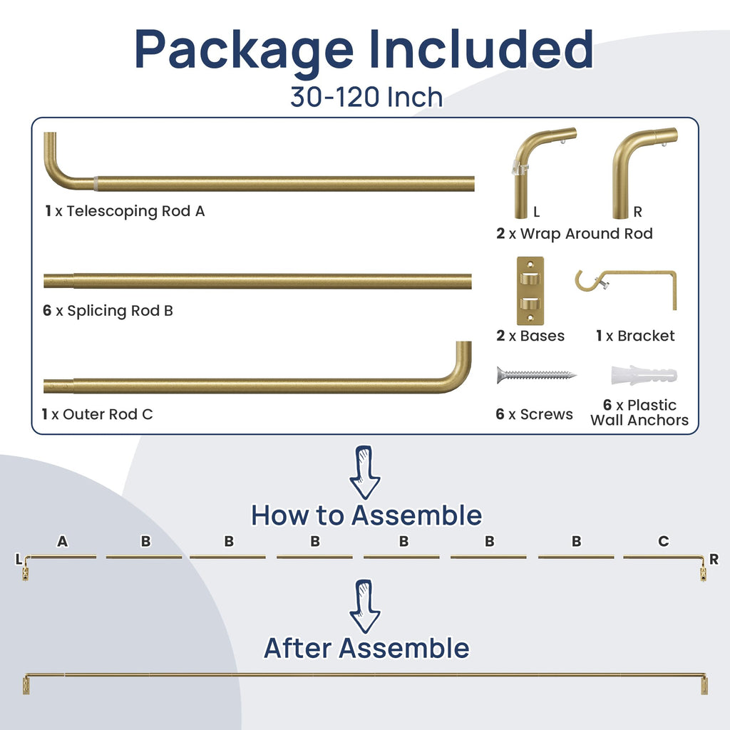 30-129" Wrap Around Curtain Rod, Quick Curtain Change, Gold