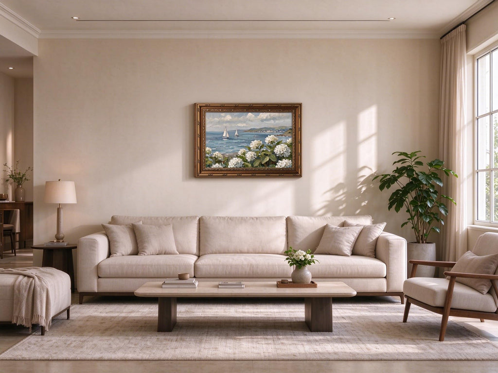 3D Vintage Coastal Wall Art Hydrangea Sailboat Ocean Landscape Oil Painting Textured Seascape Artwork Vintage Gold
