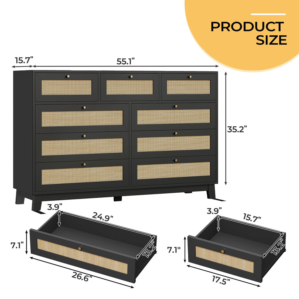 Black Rattan Dresser with 9 Drawer, Modern Double Wooden Long Bedroom Dresser, Chest of Drawers with Metal Handle &
