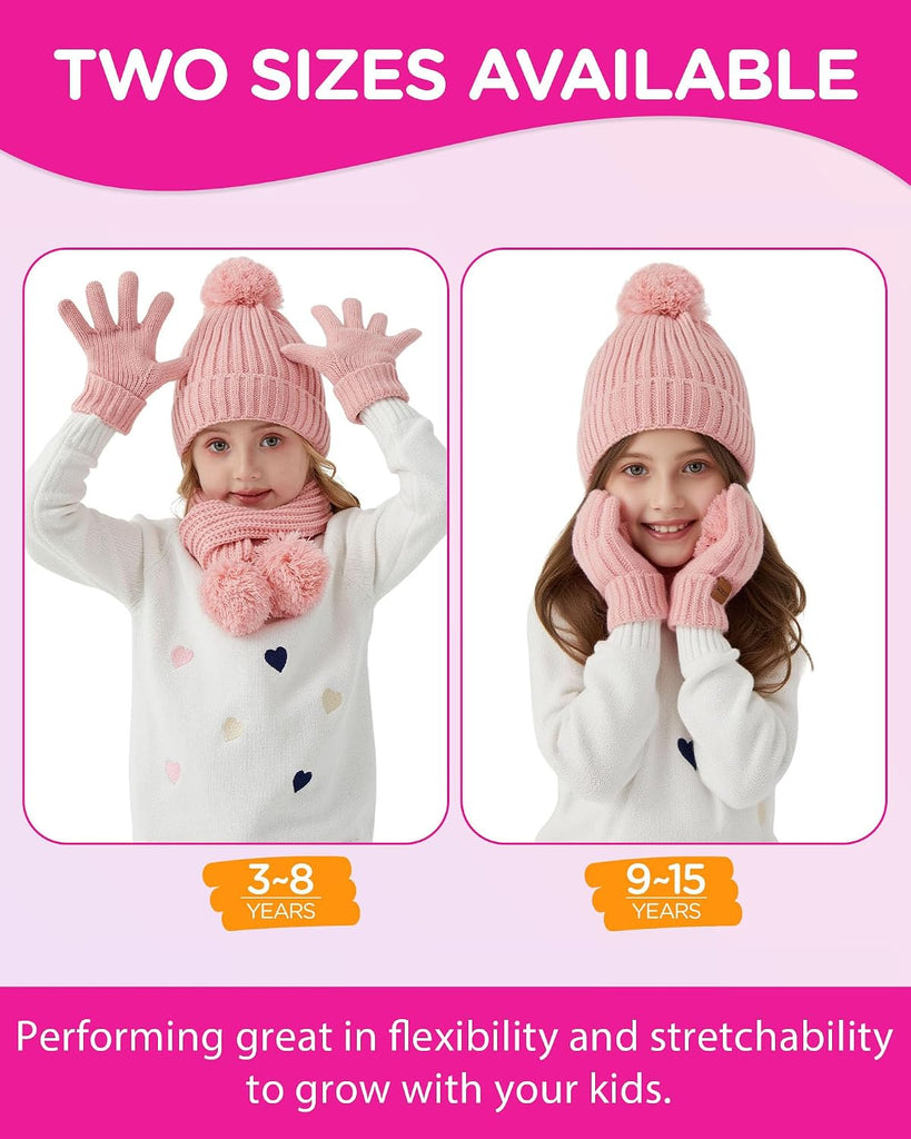 Kids Winter Hat Scarf Gloves Set - Girls Boys Fleece Lined Beanie Hat with Pom Knit Scarf Warm Mittens for Children
