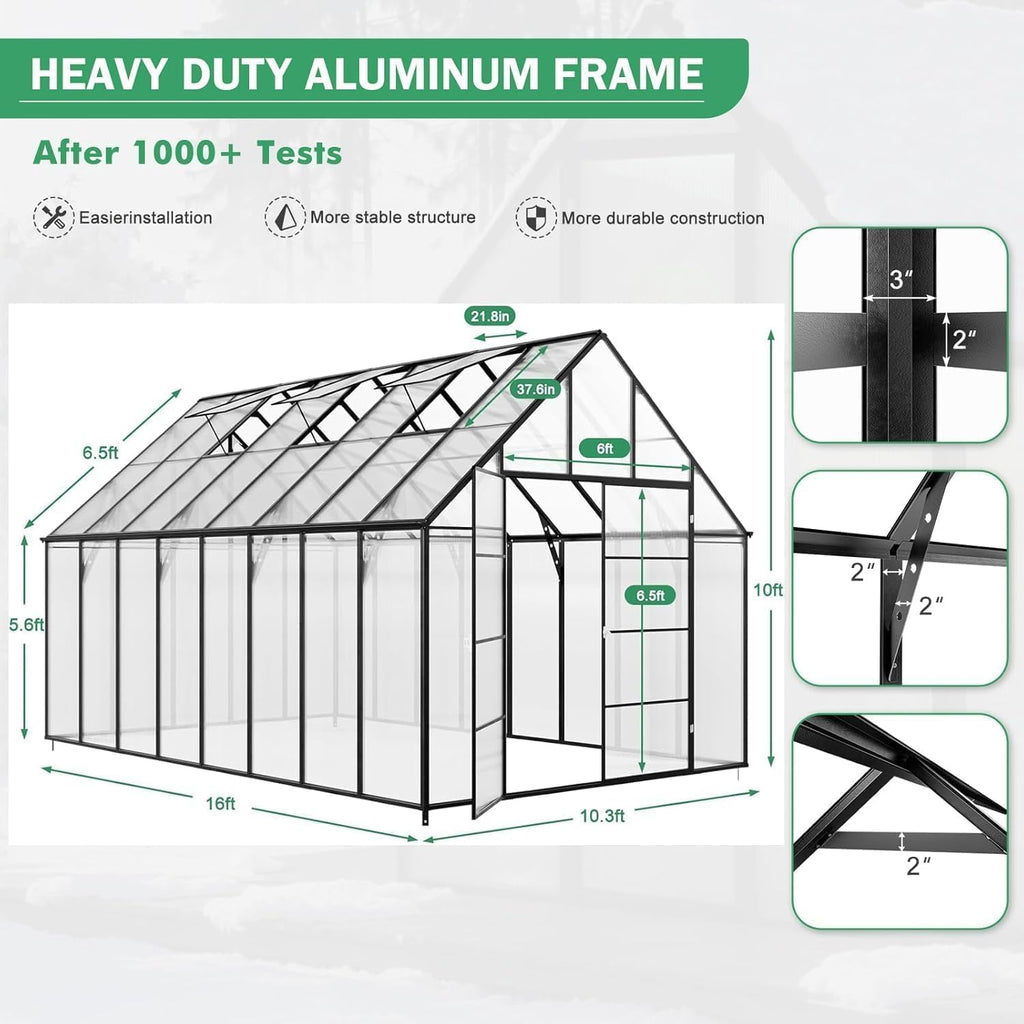 10x16 FT Polycarbonate Greenhouse for Outdoors Large Walk-in Green House | Heavy Duty Aluminum Frame Greenhouses with