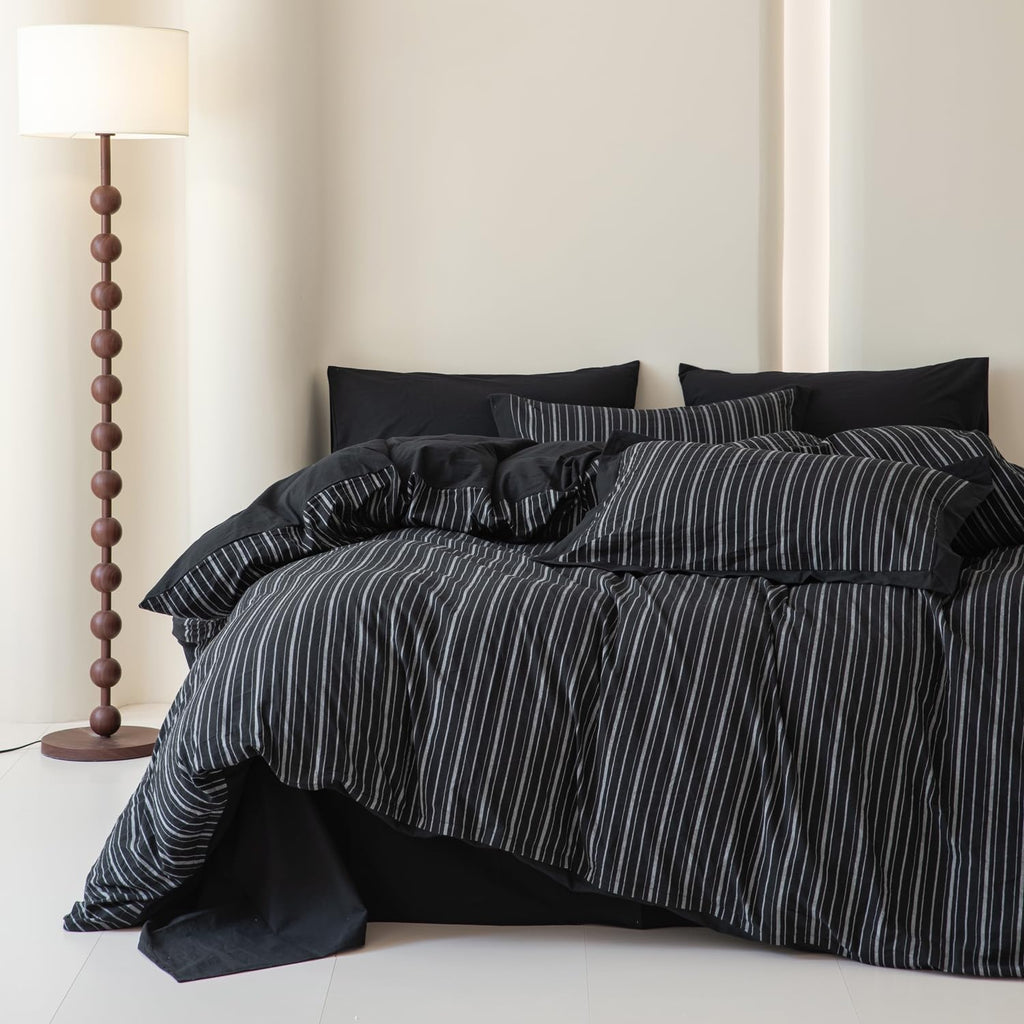 Pinstripe Duvet Cover 100% Washed Cotton 3 Pieces Set 1 Black Vertical Striped Duvet Cover with Zipper Ties 2