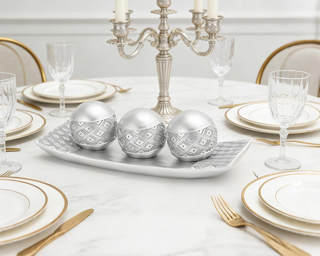 Silver Decorative Orbs with Tray Set, 3Pcs Resin Decorative Balls with Tray, Modern Accent Sphere for Coffee Table
