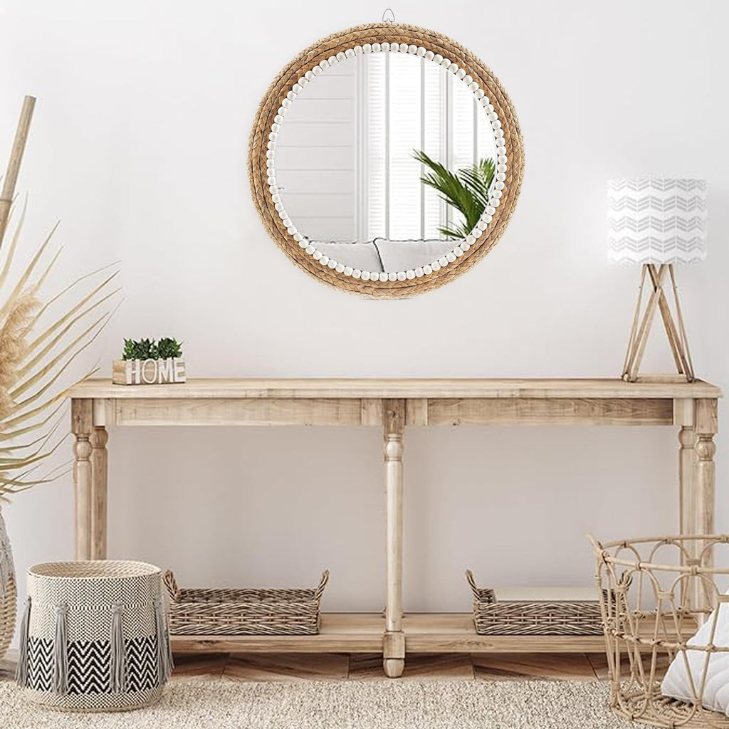22 Inch Boho Style Decorative Mirror, Round Rattan Wall Hanging Mirror, Nature Rattan Woven Round Mirror, Makeup