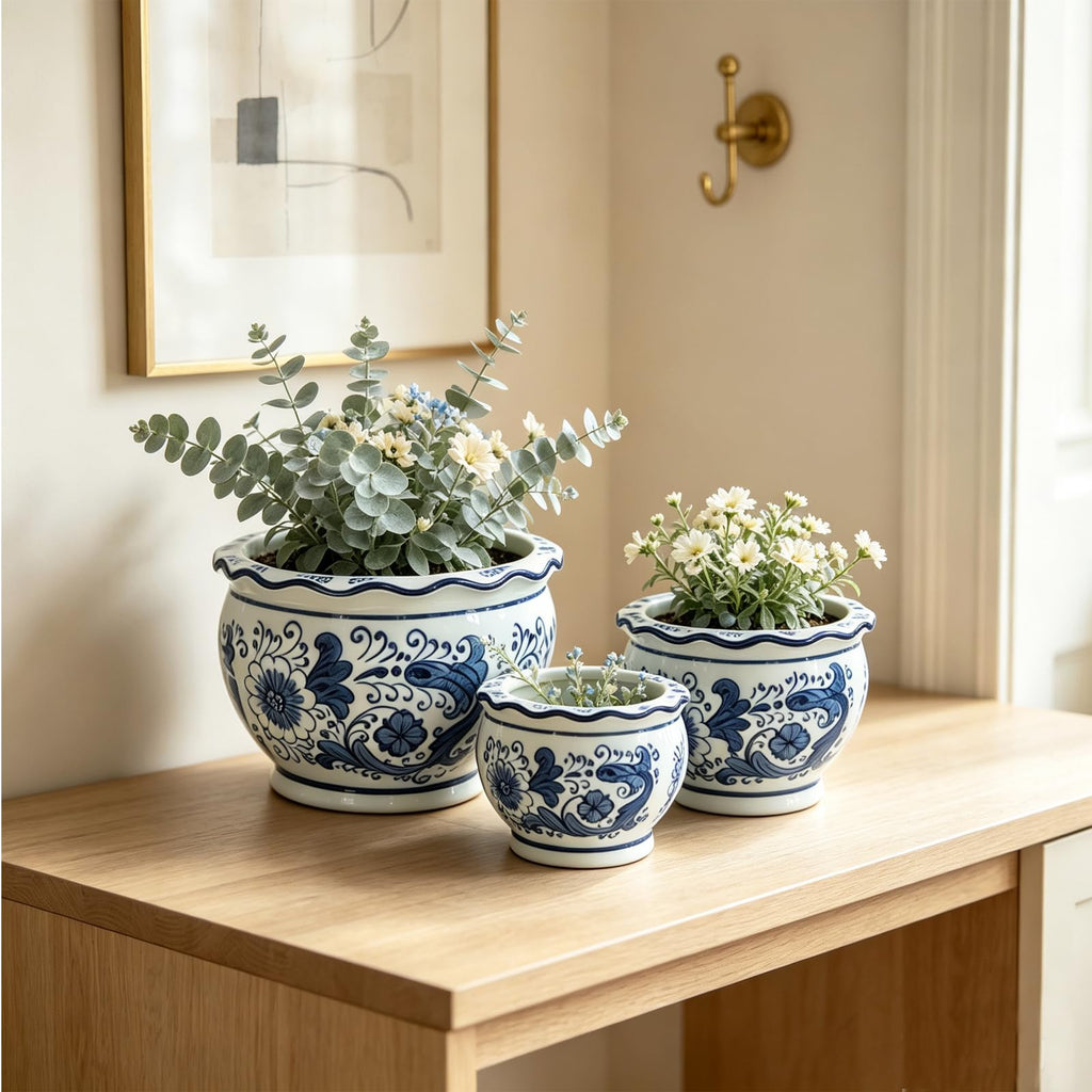 Blue and White Planters, Ceramic Plant Pots Indoor with Drainage, Set of 3