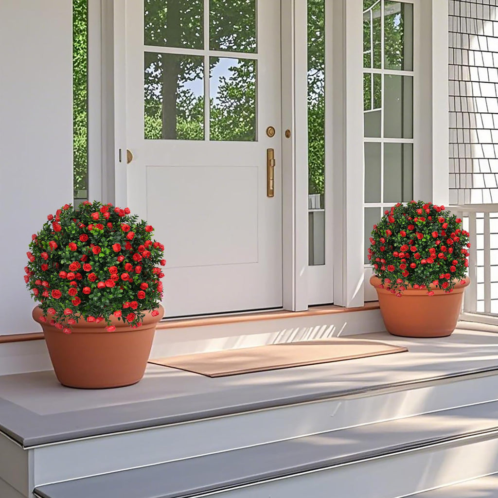 Set of 2 Artificial Boxwood Topiary Trees with Rose for Outdoor