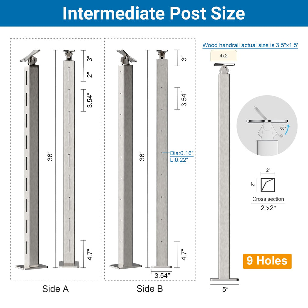 2 Pack Cable Railing Post Stainless Steel Adjustable Angle Intermediate Post for 1/8" Deck Cable Railing, Silvery
