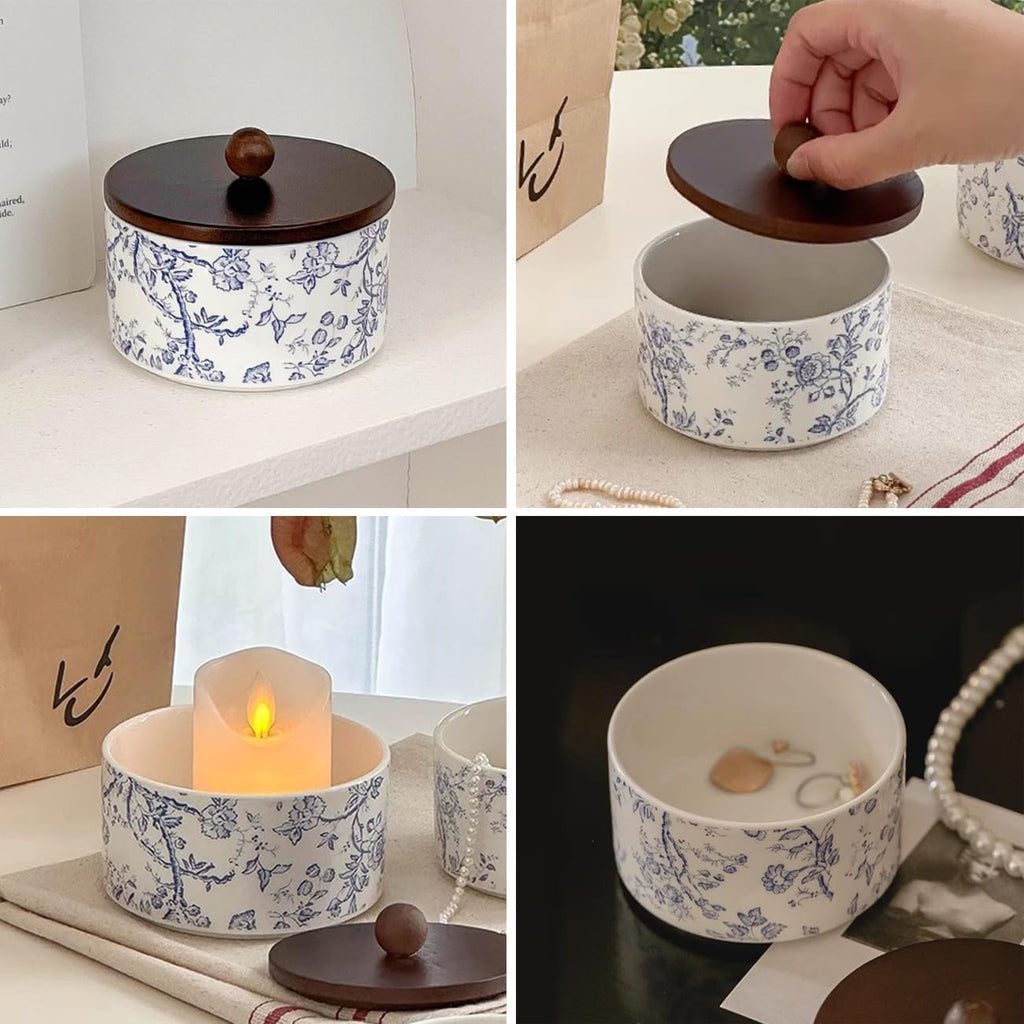 Ceramic Jewelry Box with Wood Lid Blue White Jewelry Case Ring Holder Trinket Vintage Floral Porcelain Round Jewelry