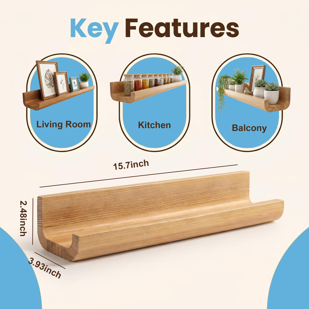 Pine Wood Floating Shelves Set of 2, Wall Mounted Display Ledge Shelves with Lip, Rustic Farmhouse Storage Organizer