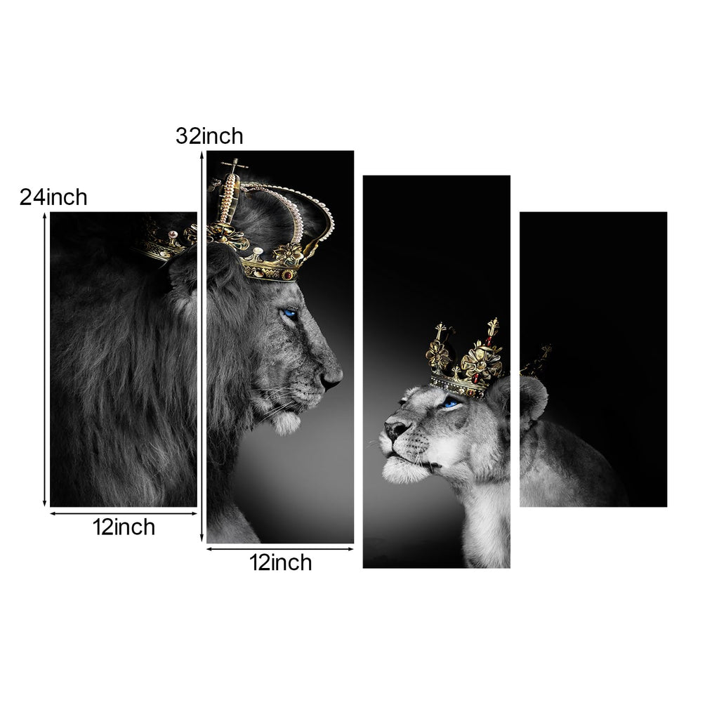 Large 4 Panel Wall Decor The Lion King and Queen with Crown Wall Art African Wild Animals Canvas Prints Pictures