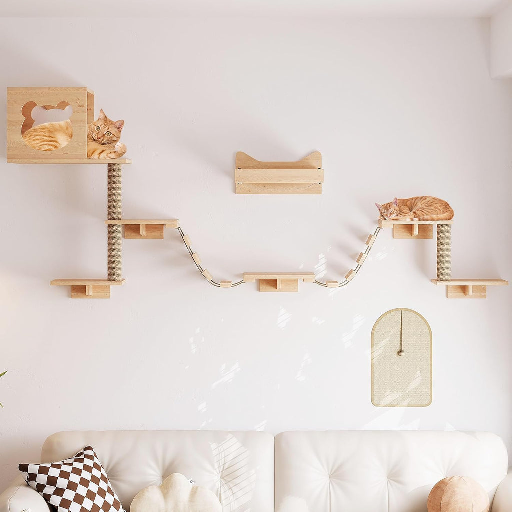 Cat Wall Shelves Cat Wall Furniture with Condo, Hammock, Scratching Pad, Platform and Ladder