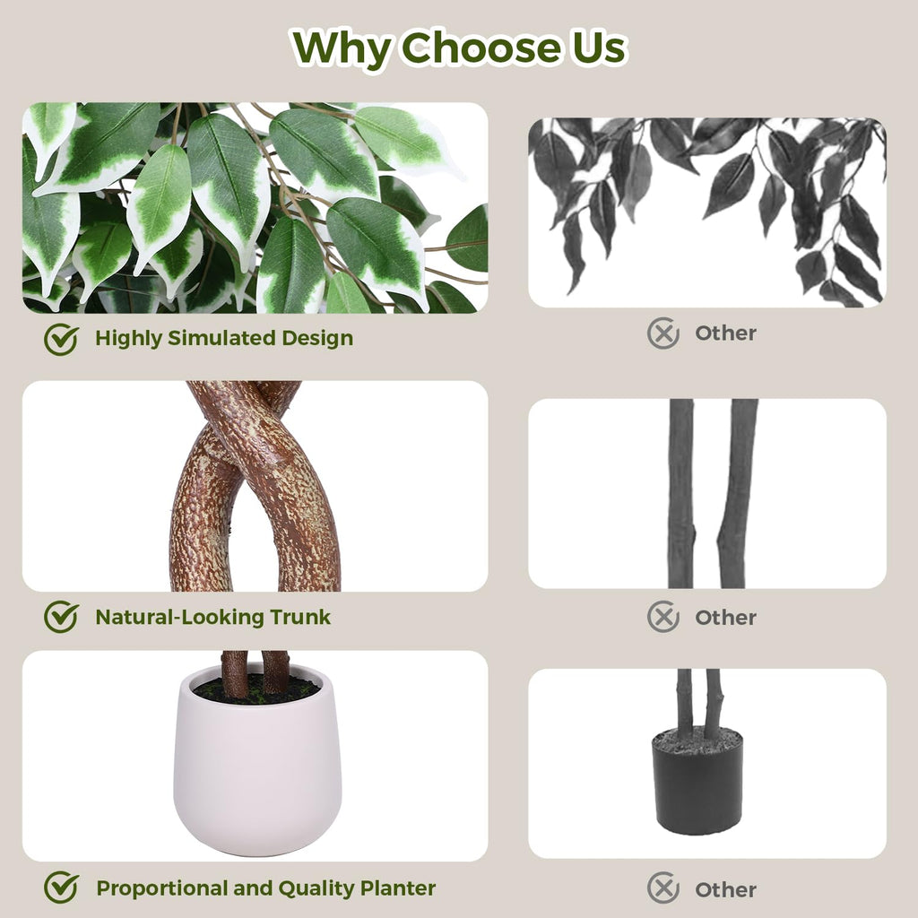 Artificial Ficus Tree-7FT Faux Tree with Natural Curved Trunks and White Pot, Lush Fake Silk Tree Artificial Plants