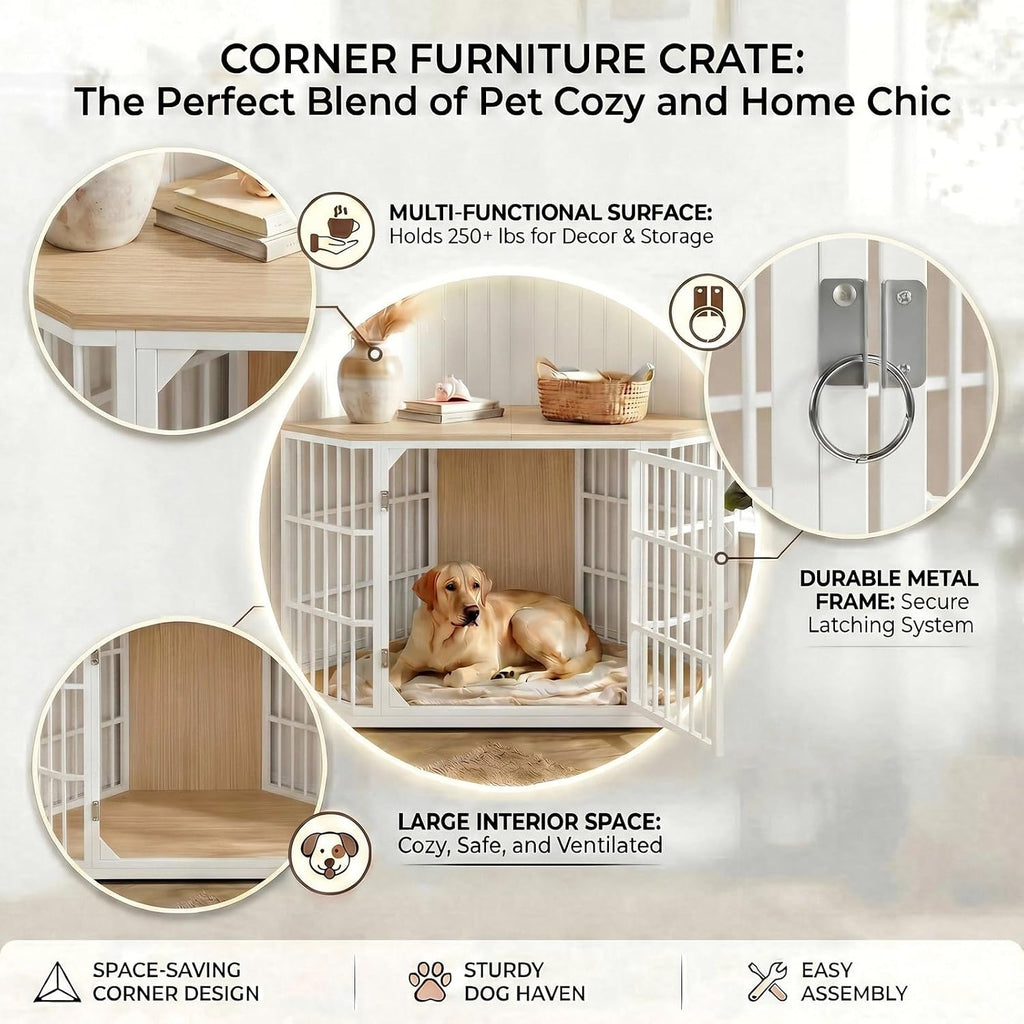 Dog Crate Furniture Corner for Large Dogs, Natural