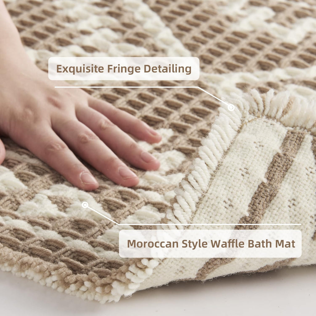 Waffle Bath Mat-Super Absorbent Bath Mats, Machine Washable Non Slip Bathroom Rug with Tassels, Soft Bathroom Mat