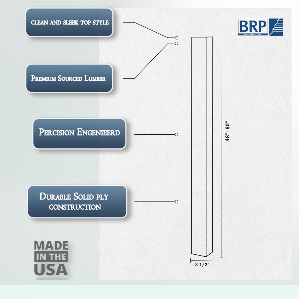 4003 Poplar Blank Newel Post - 3.5" x 60" Solid Hardwood Square Stair Newel Post - Modern Plain Style