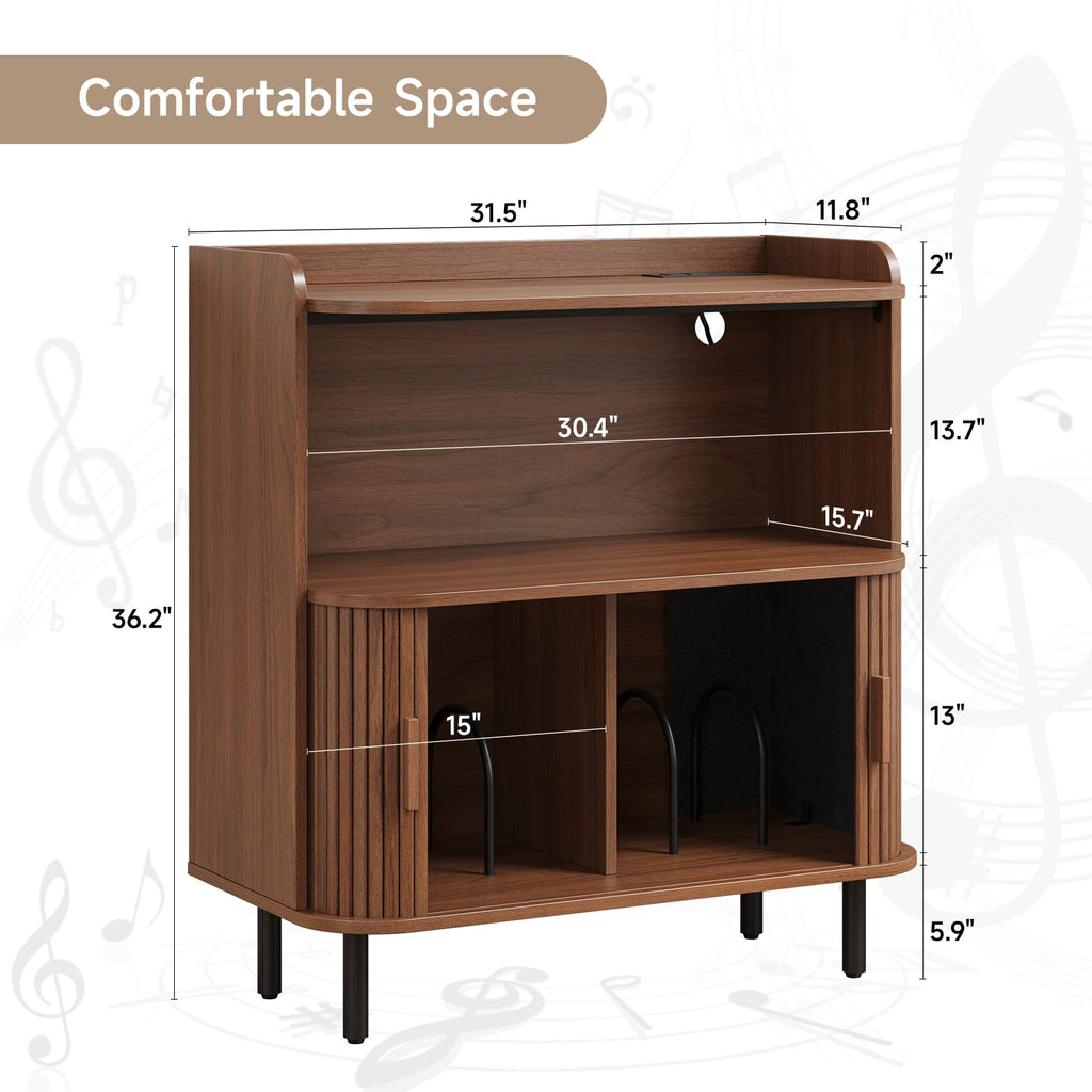 Mid Century Modern Record Player Stand with Charging Station, Walnut