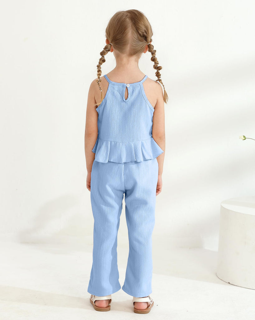 Toddler Girls Outfit Kids Clothes Blue Ruffle Summer Linen Pants 2Pcs