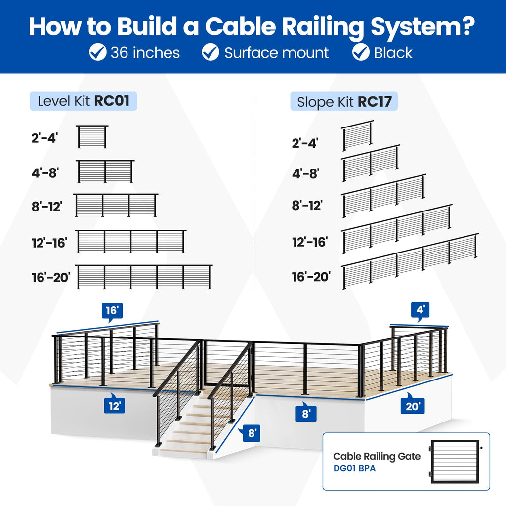16-20ft Pre-Crimped Complete Cable Railing Kit for Slope 36in RC17