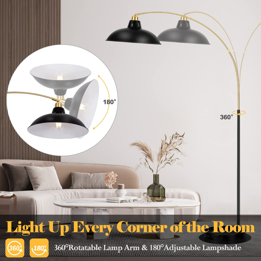 Modern Black Arc Floor Lamp with Marble Base, Adjustable 67-77"