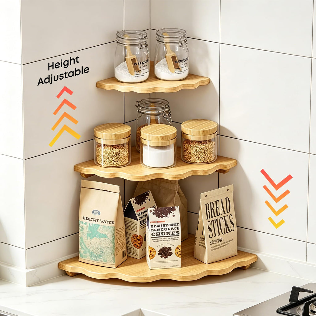 Corner Floating Shelf Wall Mount, Set of 3 Floating Corner Shelves, Bamboo Wood Corner Hanging Shelves with Cord Hole